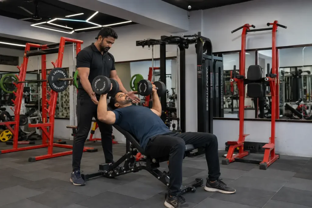 Members training with a trainer at Arya Fitness Gym, a gym in Burari, Delhi