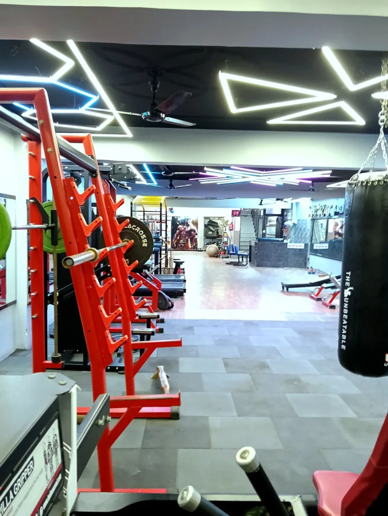 Free-weight and strength-training zone with punching bag at Arya Fitness